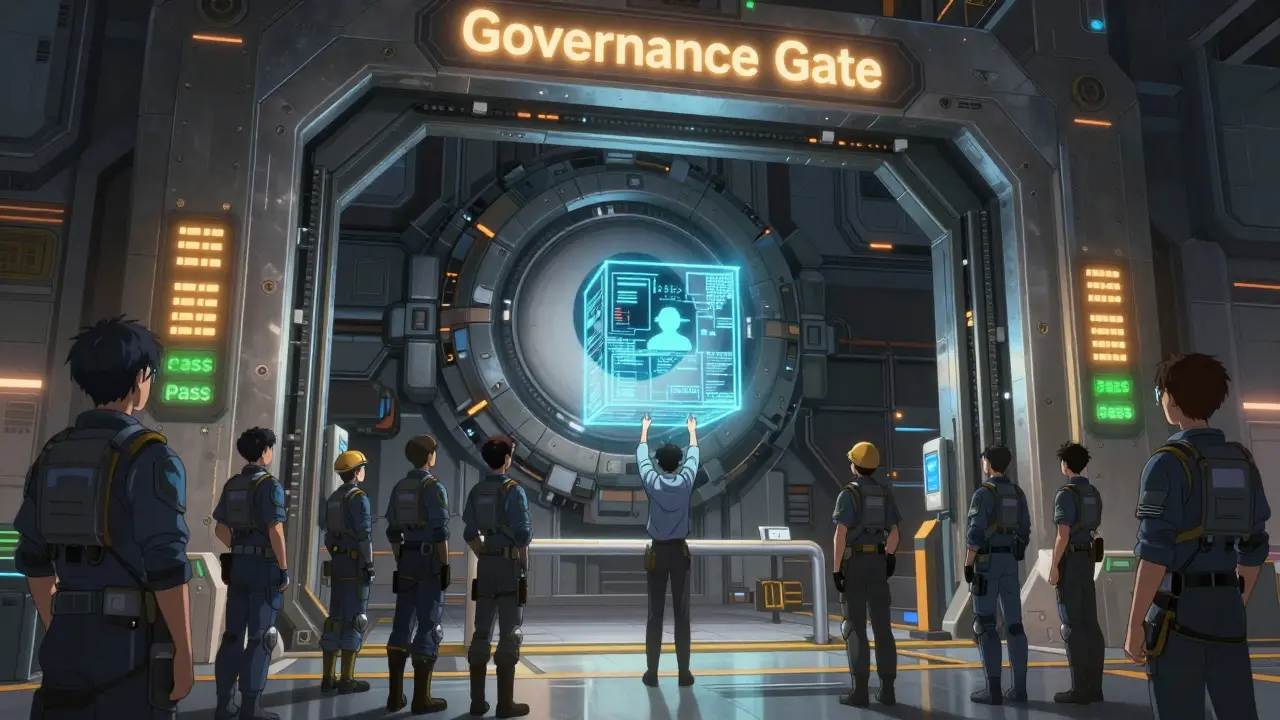 Giant mechanical gate scanning a data cube for quality validation in a high-tech facility.