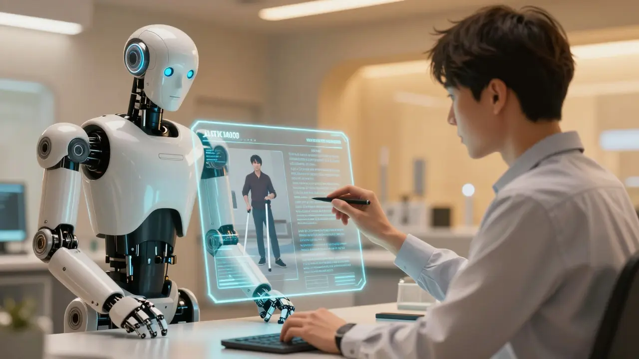 Human and robot collaborating to refine accessibility text for a visually impaired person.