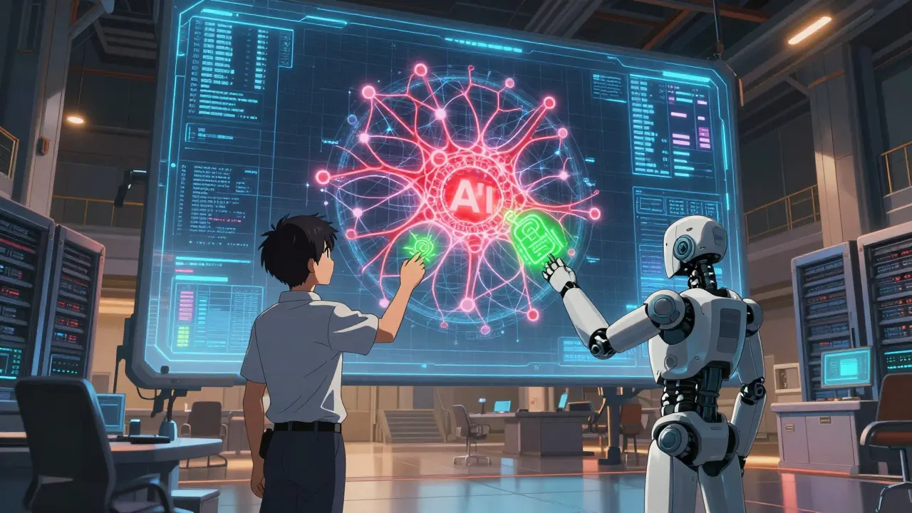 Human and robot engineers patching a vulnerability in a giant holographic neural network.