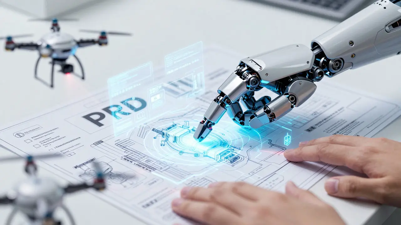 Human and robot hands reviewing a digital technical blueprint with scanning drones.