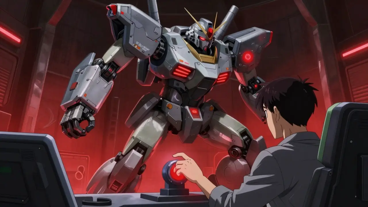 Human operator in a cockpit activating a kill-switch for a giant frozen robot.