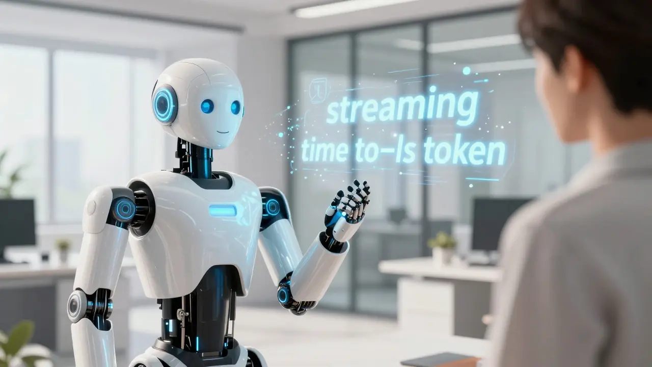 Humanoid robot speaking with words appearing as floating holographic particles in a bright office.