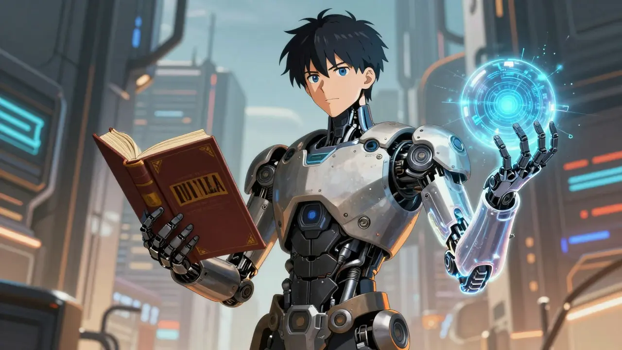 Hybrid cyborg combining industrial machinery and energy components to represent Neuro-symbolic AI.