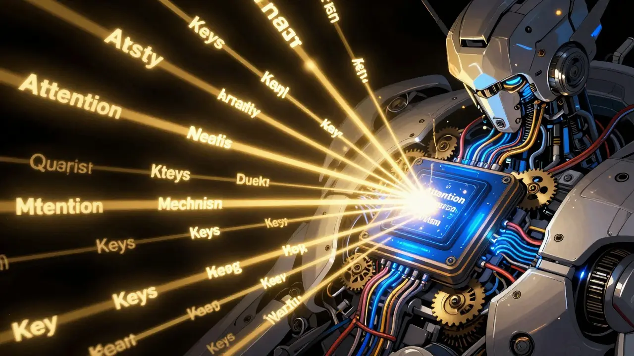 Internal robot core using golden beams of light to connect important words in a dark void.