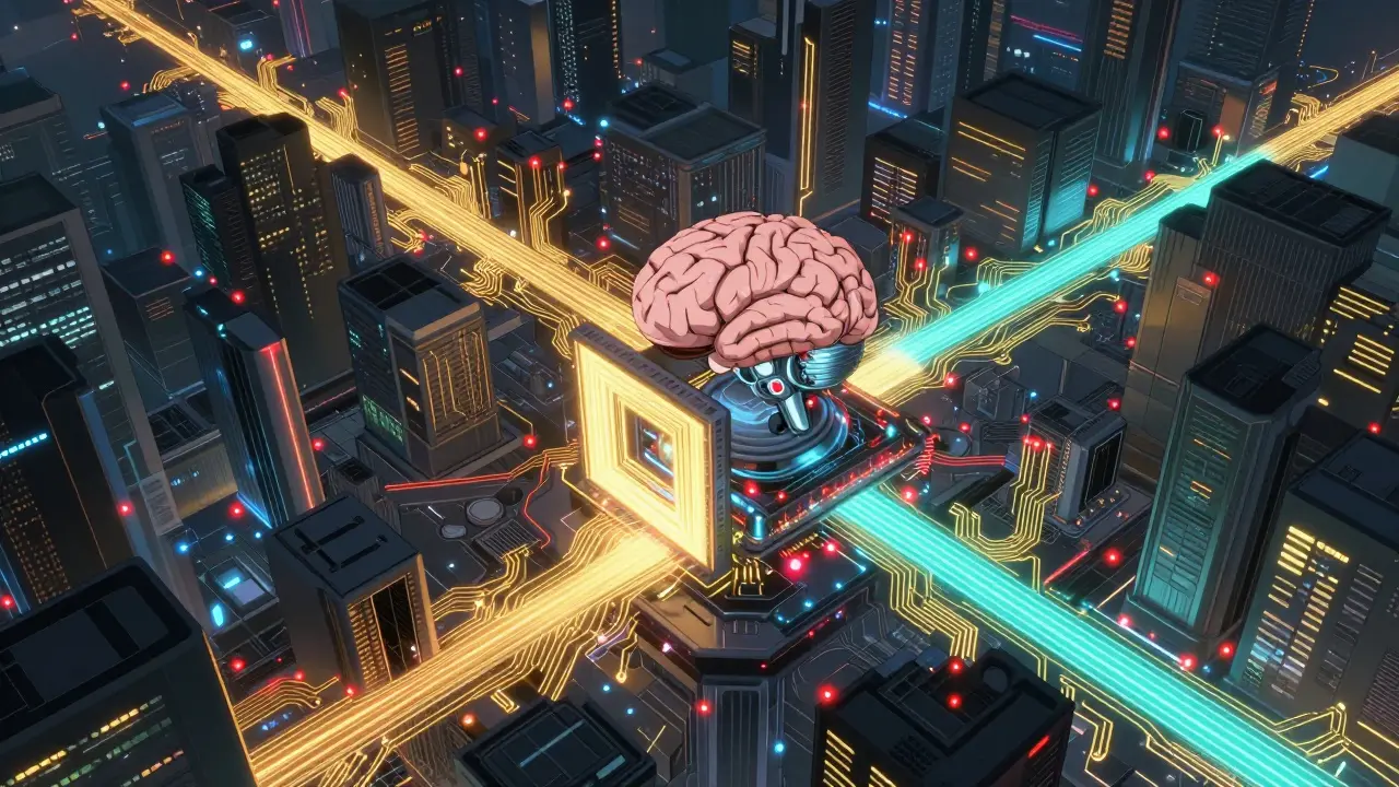 Internal robotic brain with neon data streams flowing through a complex circuitry network.