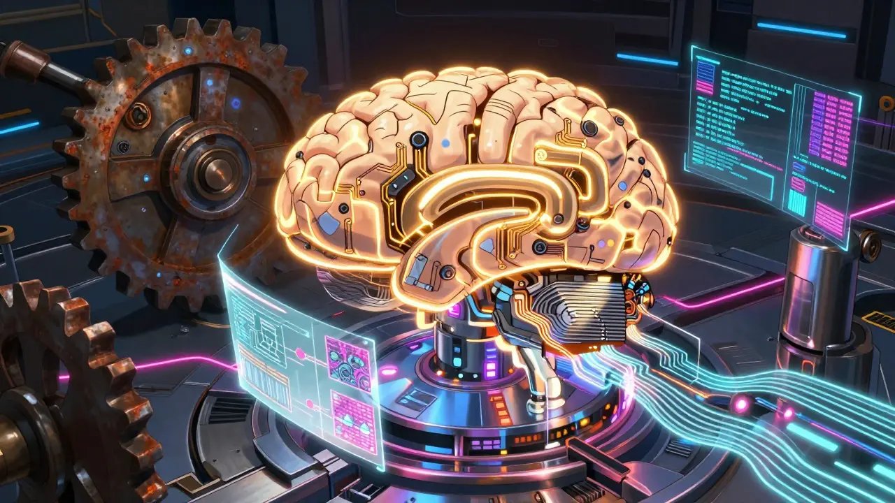 Mechanical AI core absorbing digital patterns and data fragments via in-context learning