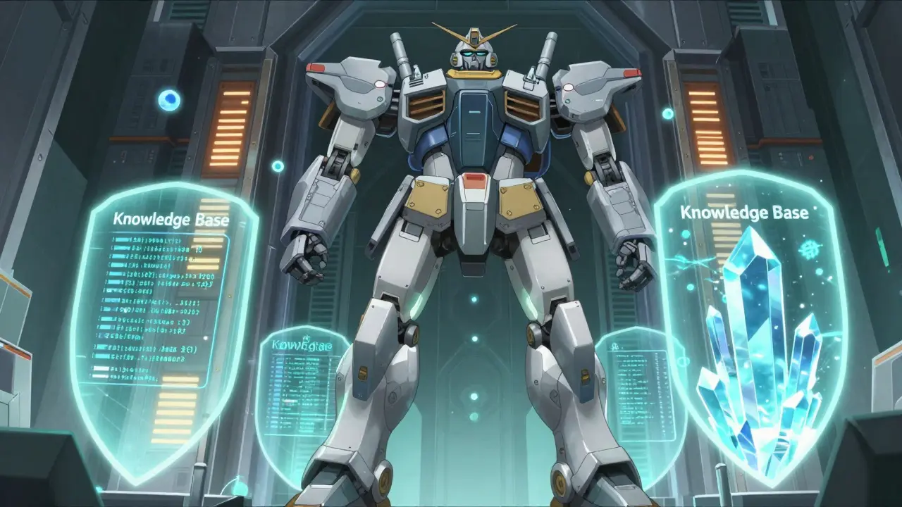 Mechanical robot gateway with energy shields filtering data streams in anime style.