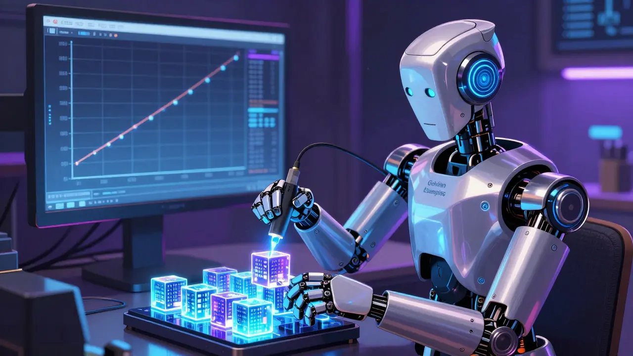 Robot developer refining a set of crystallized golden example data cubes in a futuristic workshop