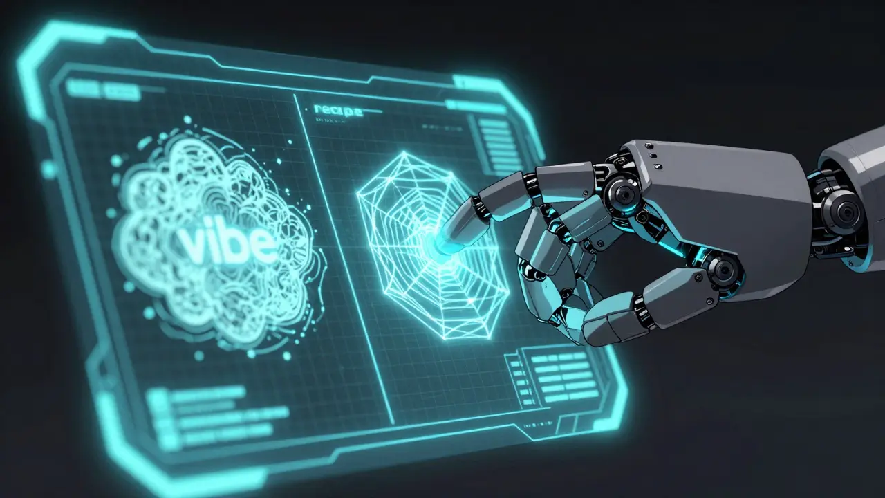 Robot hand comparing a vague cloud of code with a structured geometric blueprint