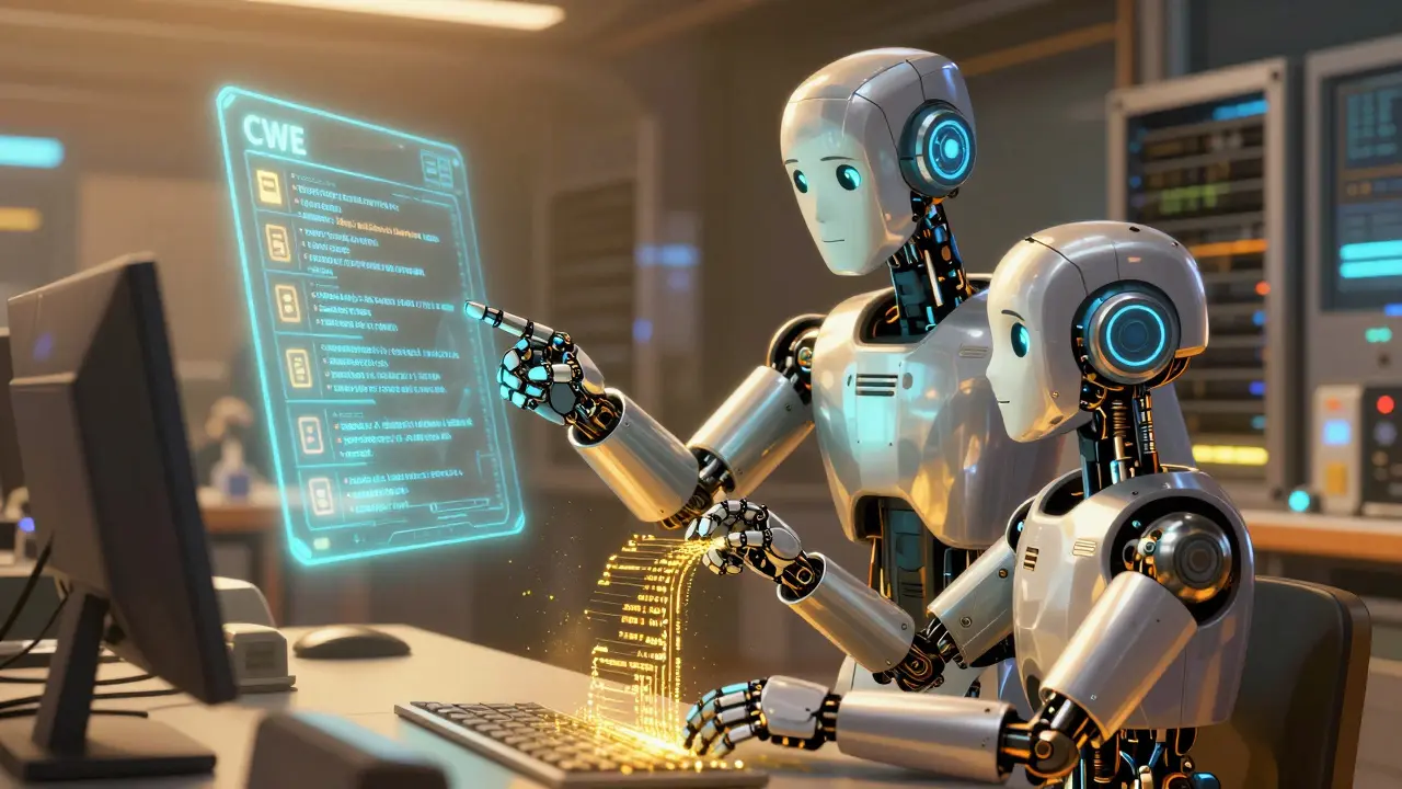 Robot mentor guiding a junior robot using a holographic security checklist