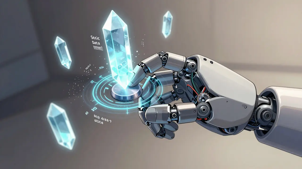 Robotic hand adjusting holographic settings with floating digital crystals