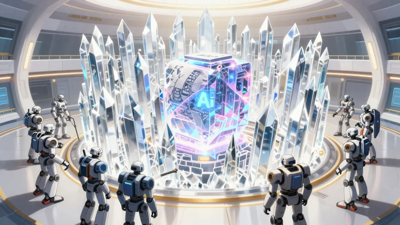 Robots building a crystalline validation barrier around a pulsing AI core