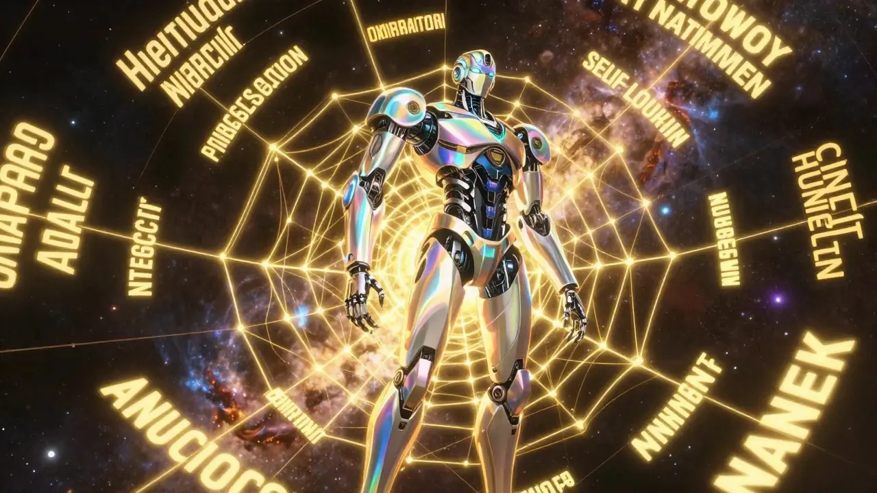 Sleek futuristic android surrounded by a glowing golden web of linguistic connections.