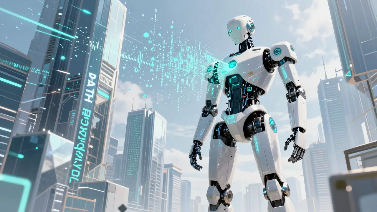 Sleek robot clearing digital noise in a geometric city of data and mirrors.