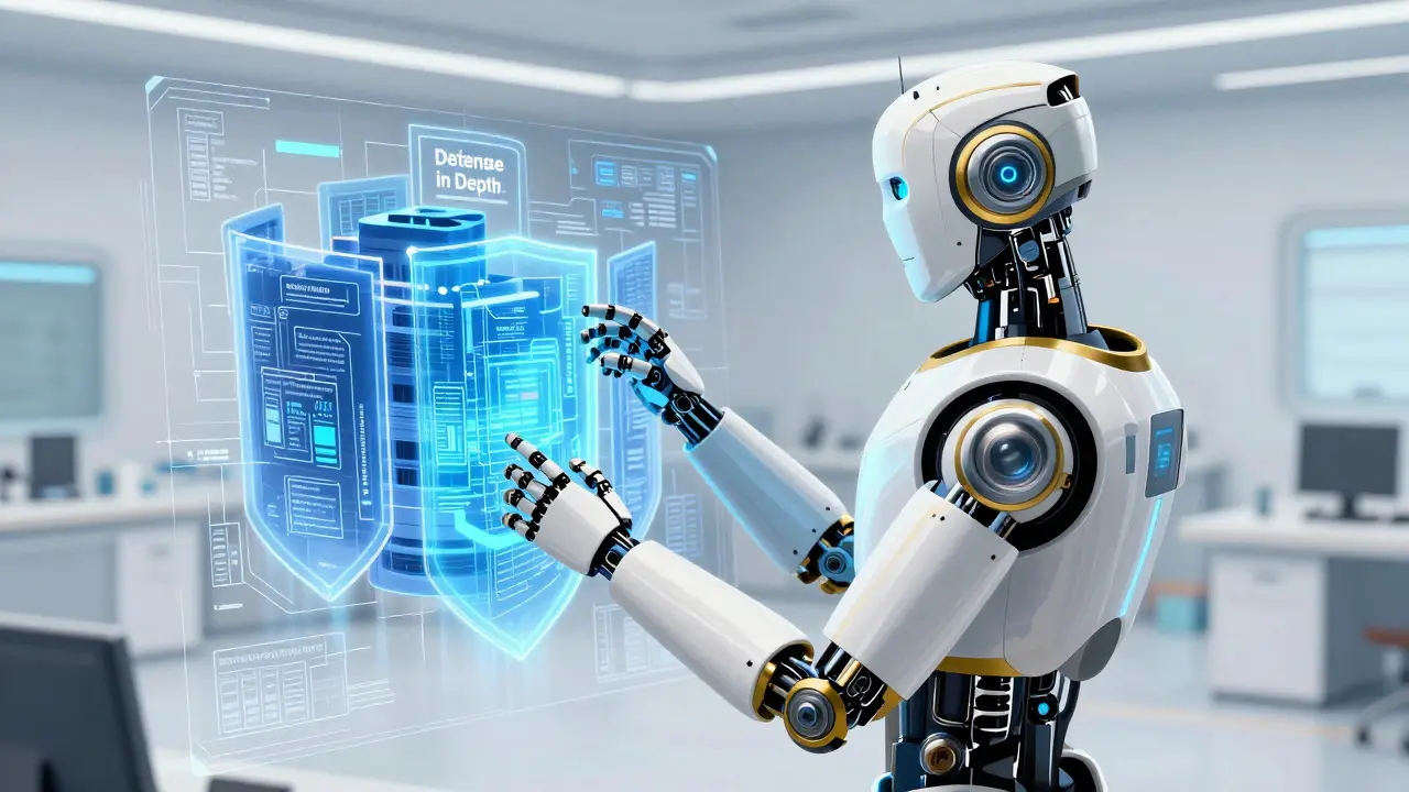 Sleek white robot analyzing multiple layers of blue holographic security shields.