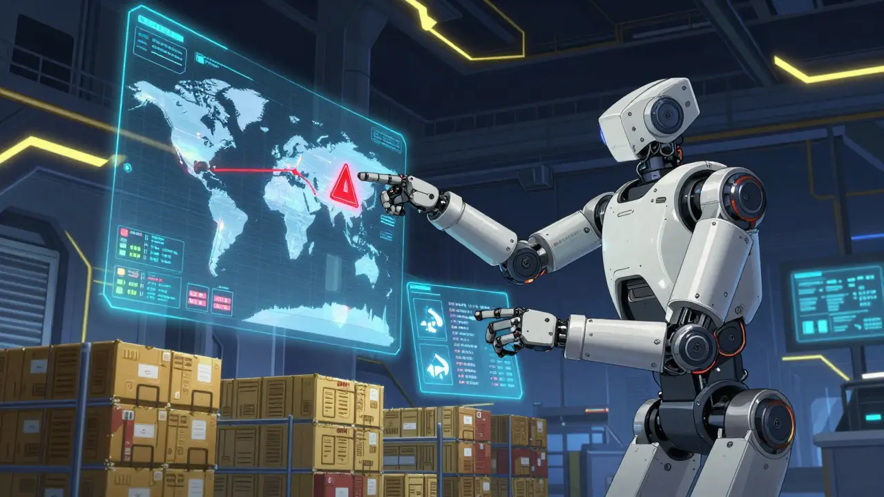 Specialized AI robot autonomously managing a global supply chain with holographic data interfaces.