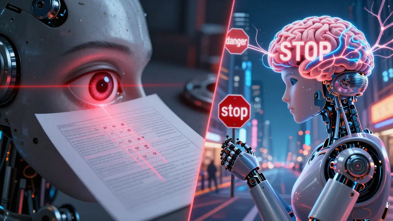 Split view of a robotic eye performing OCR versus a robotic brain interpreting a scene.