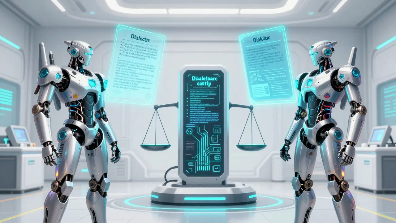 Three advanced robots analyzing and balancing holographic documents in a white futuristic lab.