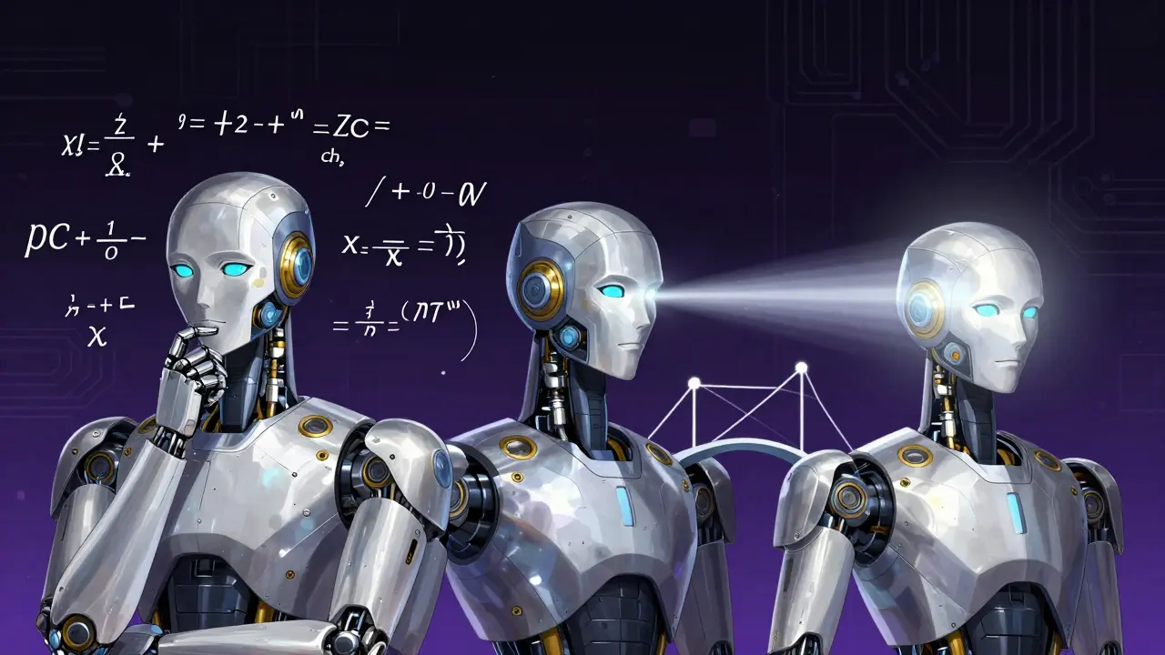 Three robot heads depicting a step-by-step logical reasoning process in a dark cybernetic void.