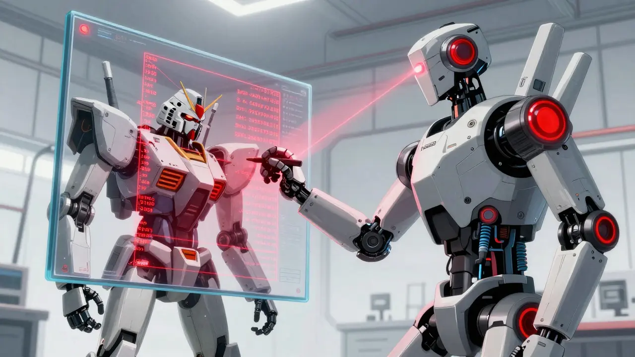 Two advanced robots in a lab, one writing and another scanning text with a red laser grid.