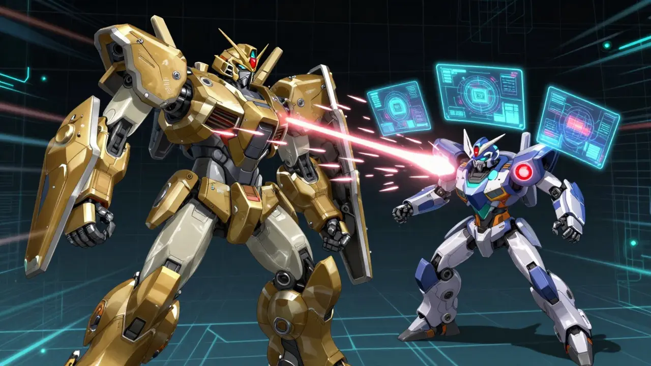 Two robots in cyberspace, one attacking the other with thousands of data streams.