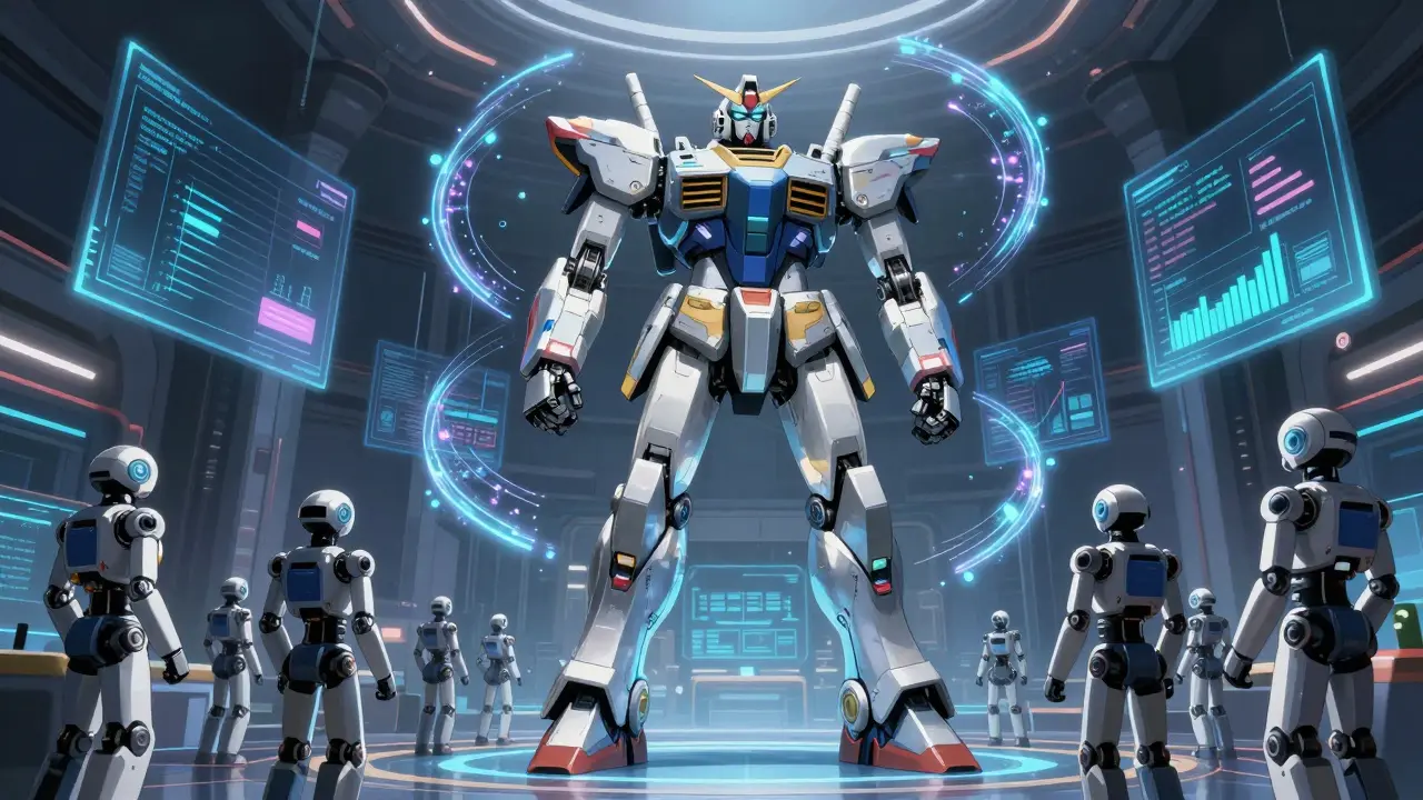 A central guardian robot overseeing a high-tech AI governance hub