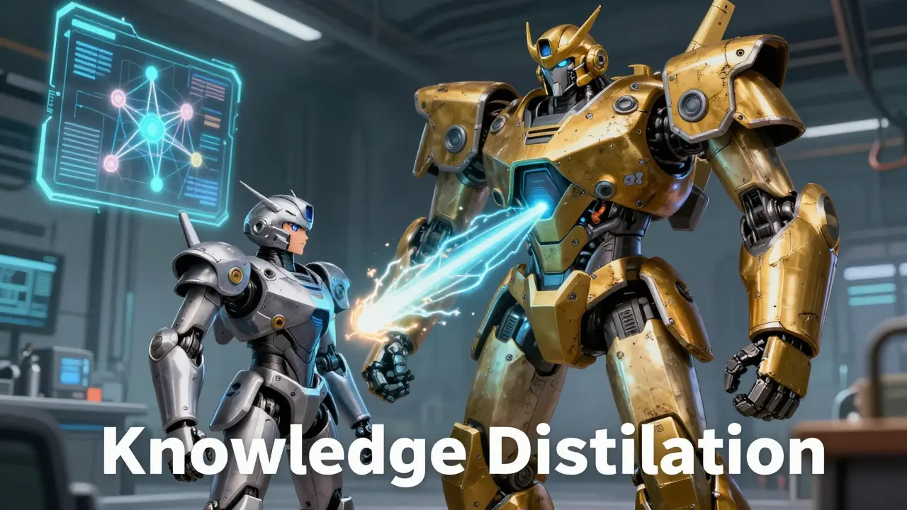 A large teacher robot transferring data energy to a smaller student robot