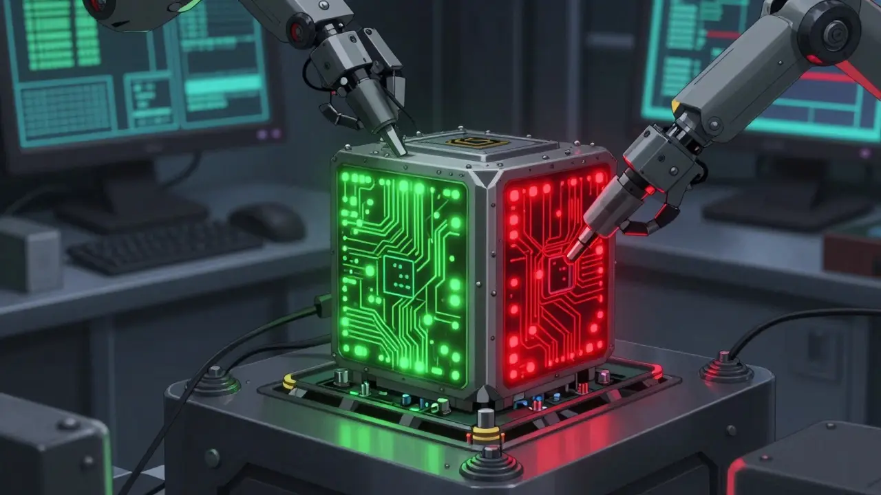 A robotic AI core being scanned for errors, showing green safe zones and red warning lights.