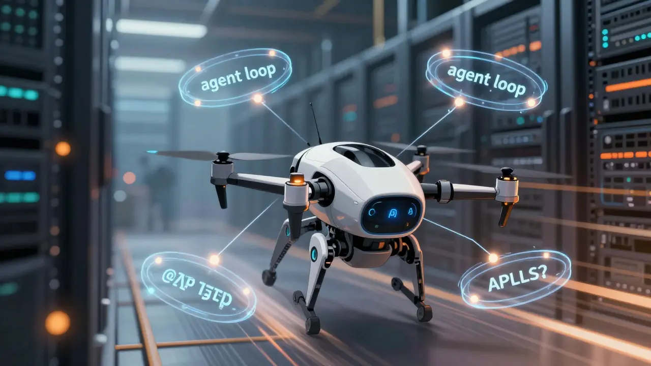 Agile AI drone robot surrounded by digital loops representing cost amplification.