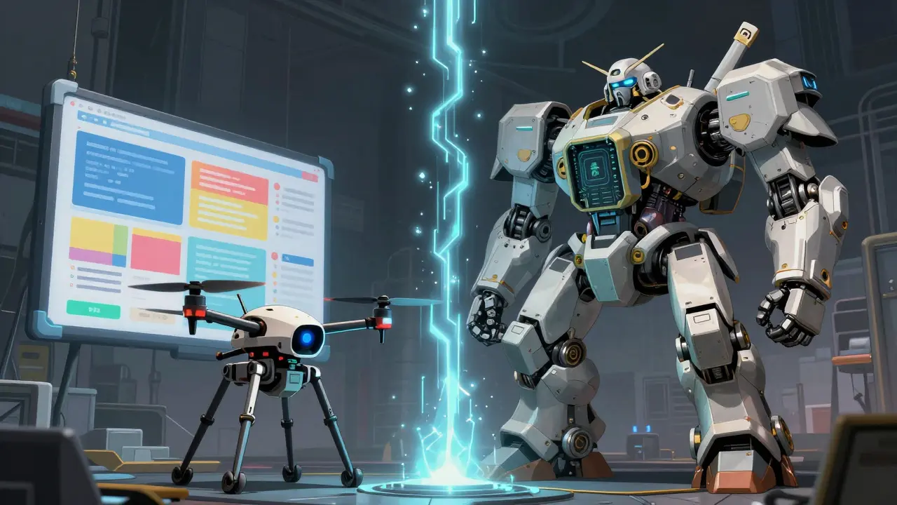Agile drone building app vs heavy robot guarding secure data core