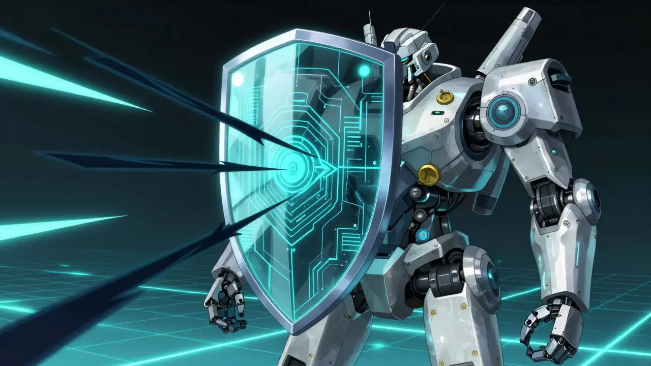 Armored robot shield deflecting dark energy bolts, illustrating privilege escalation defense