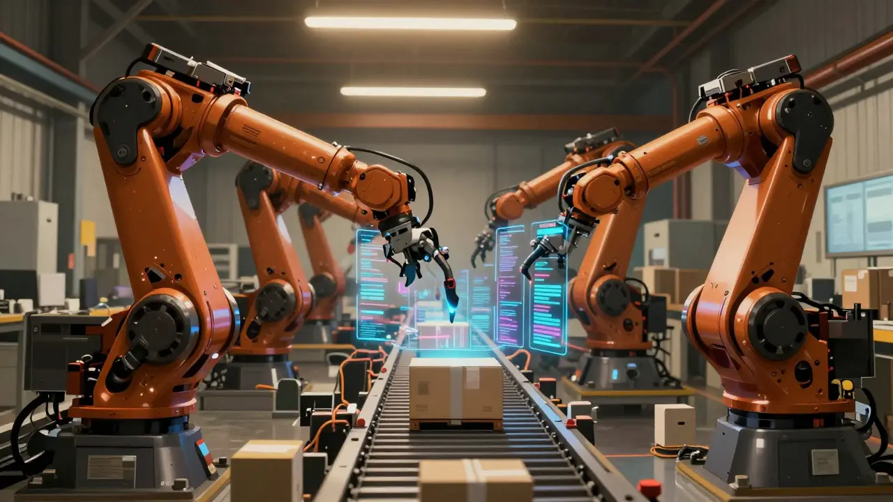 Autonomous robots optimizing logistics in a futuristic warehouse