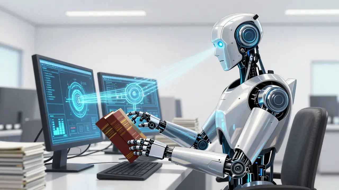Chrome robot analyzing legal texts and data streams for precise answers
