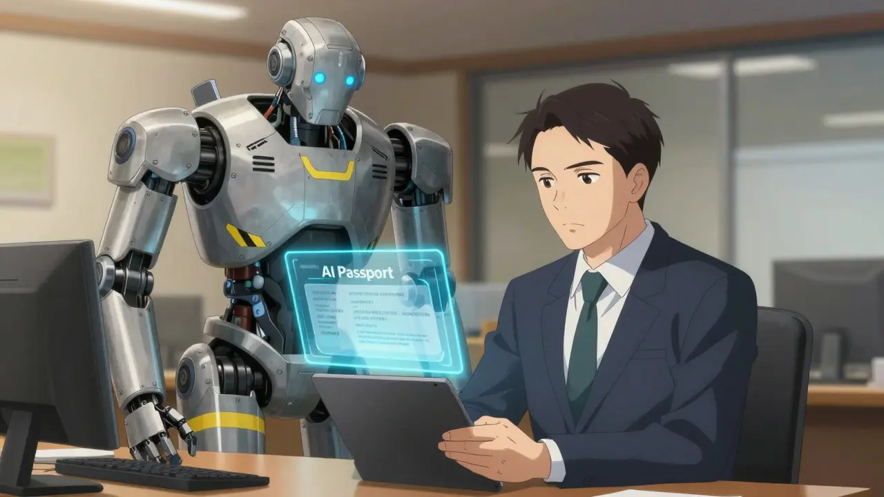 Compliance officer reviewing AI passport with assistant robot