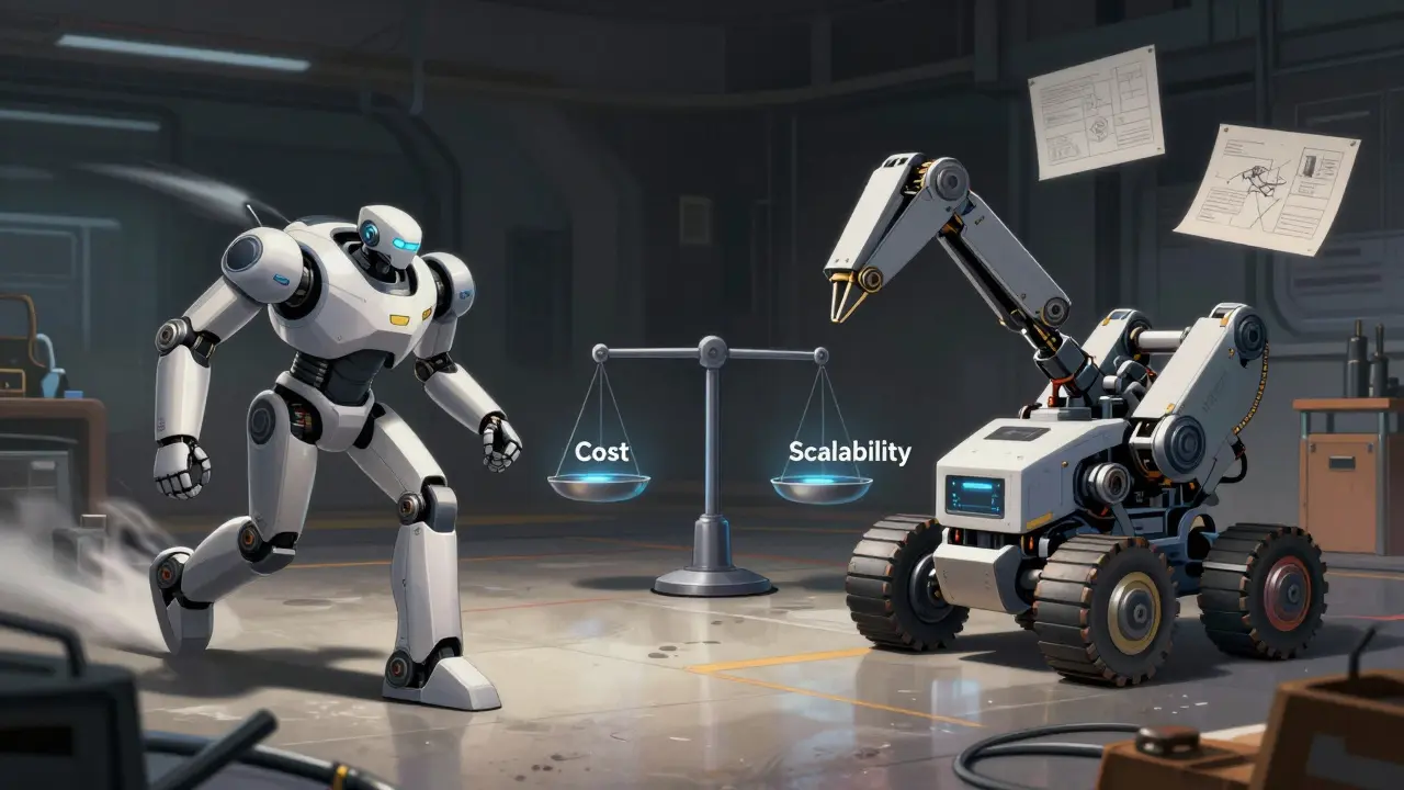 Conceptual comparison of monolith vs microservices using robot metaphors
