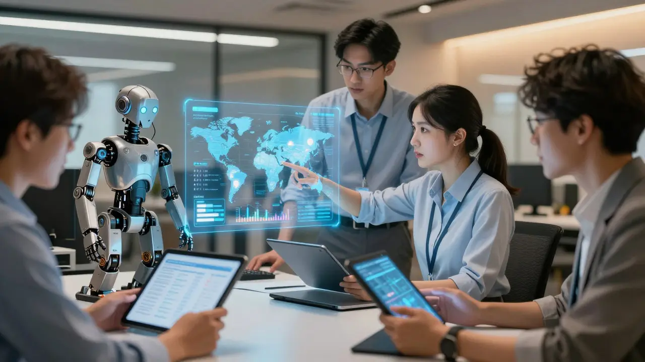 Diverse team working with small robots to evaluate AI cultural alignment.