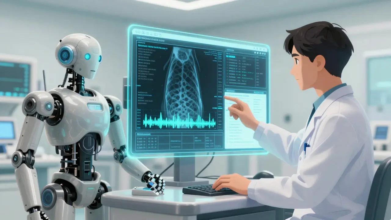 Doctor reviewing fused medical imaging and patient data