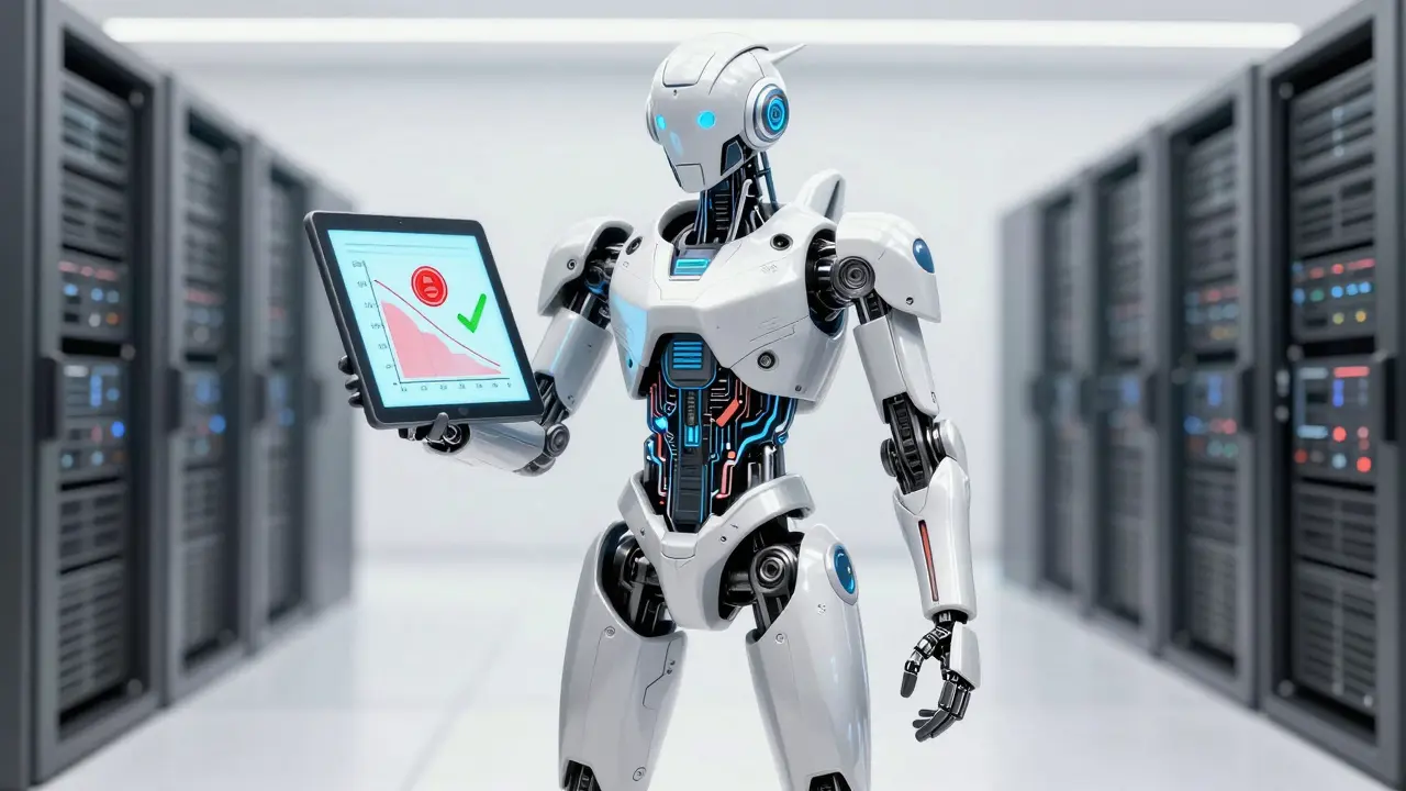 Efficient hybrid android standing in a modern data center with savings icons
