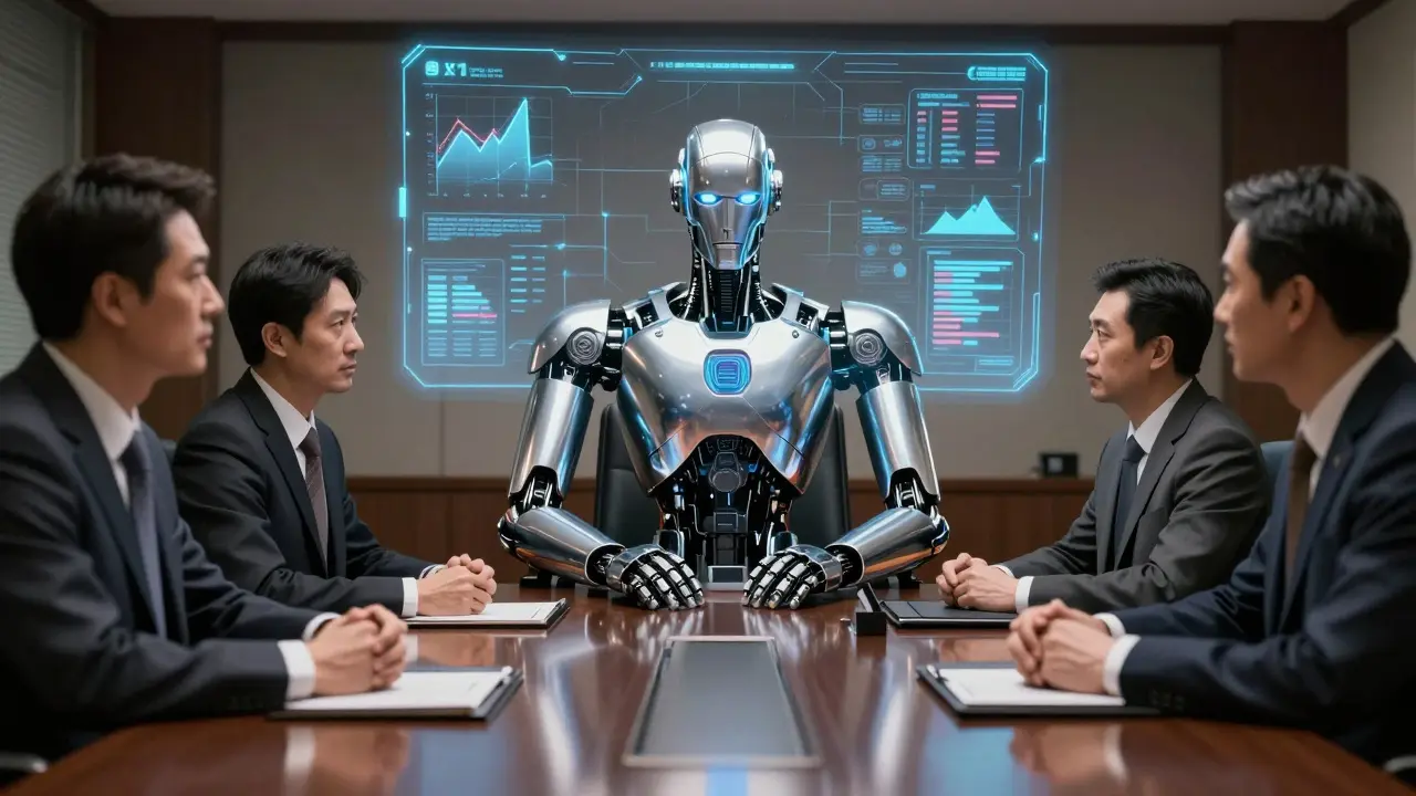 Executive robot presenting governance metrics to a board of directors.