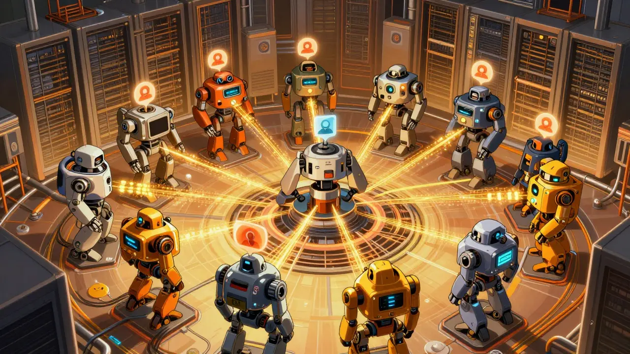 Fleet of specialized robots representing microservices connected by data