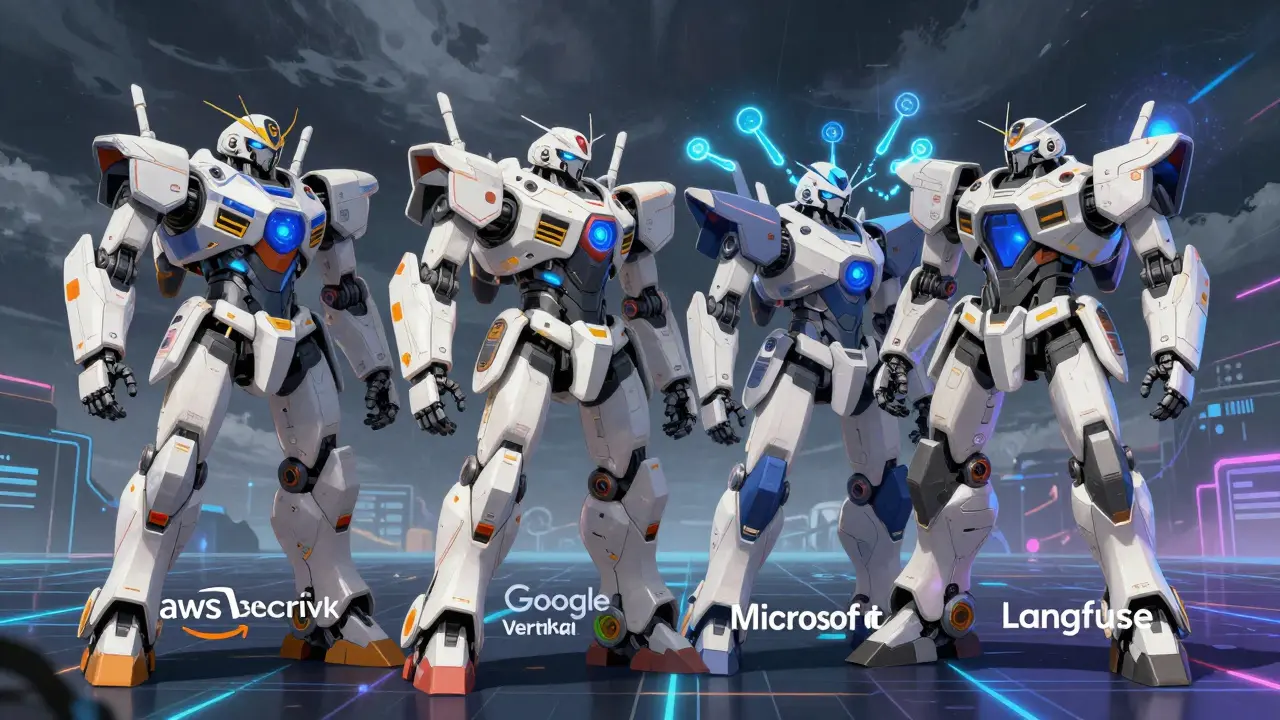 Four distinct mecha robots representing different cloud security platforms