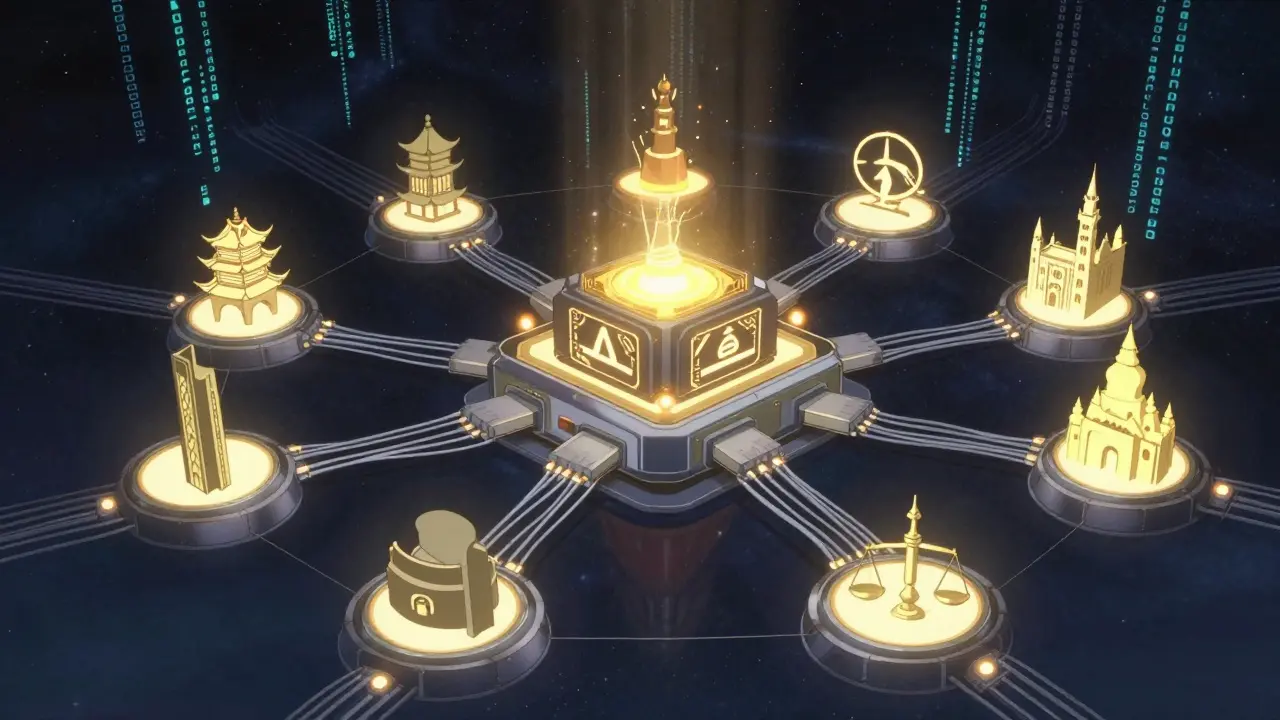 Futuristic AI core connected to global nodes, symbolizing safe deployment.