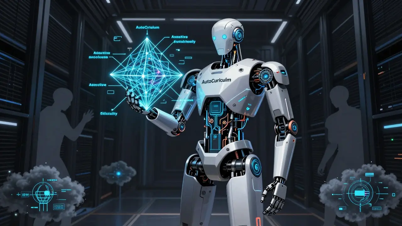 Futuristic robot managing adaptive learning metrics in dark server hall