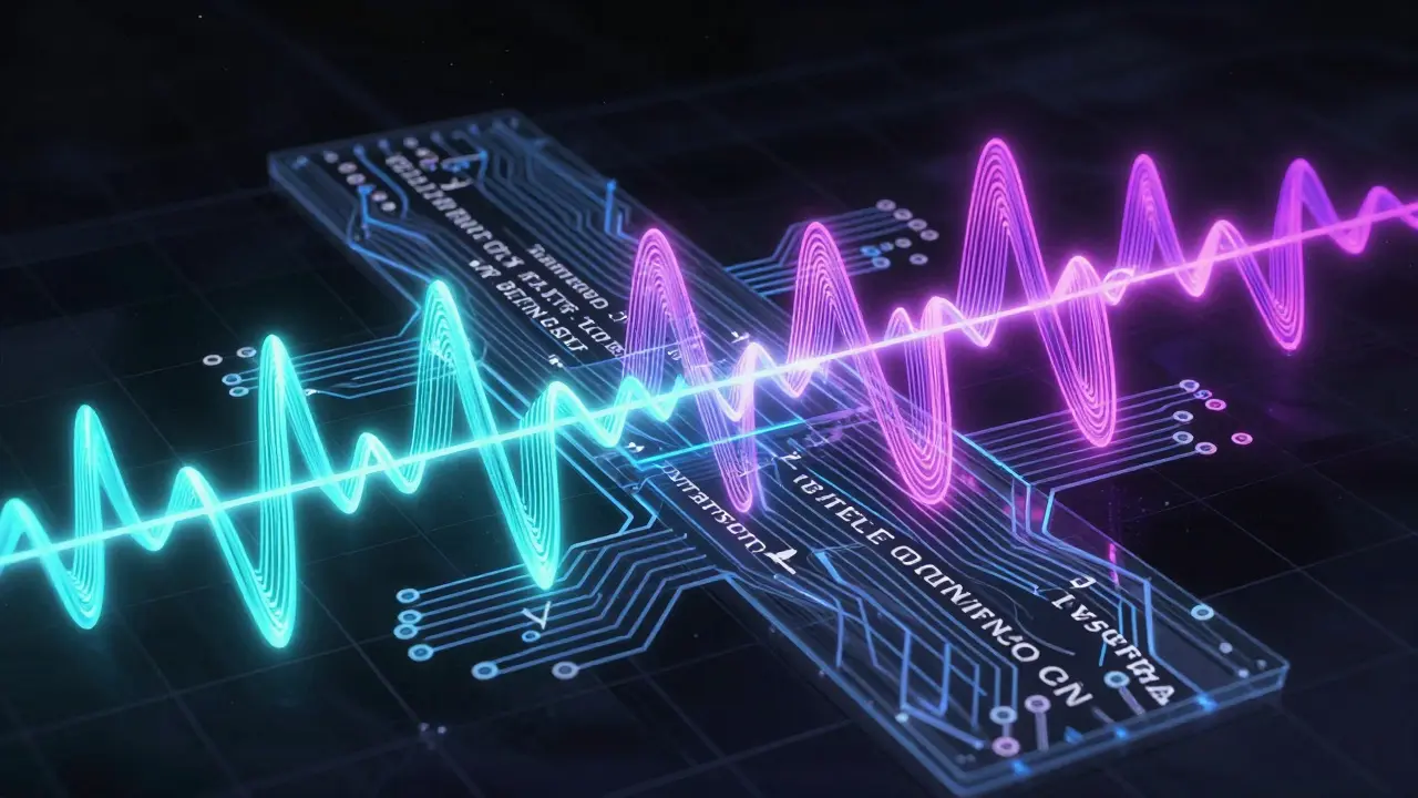 Glowing sinusoidal waves flowing through a neural network circuit board