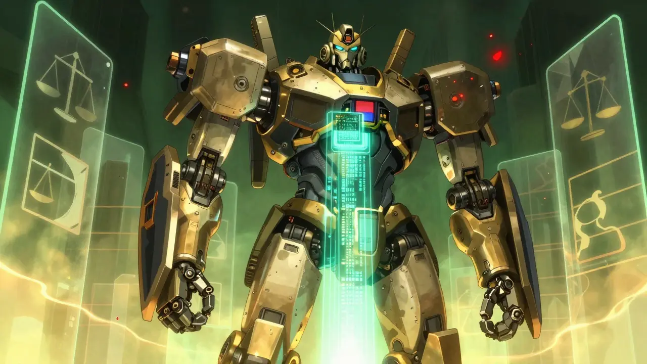 Guardian robot protecting financial data streams from regulatory risks.