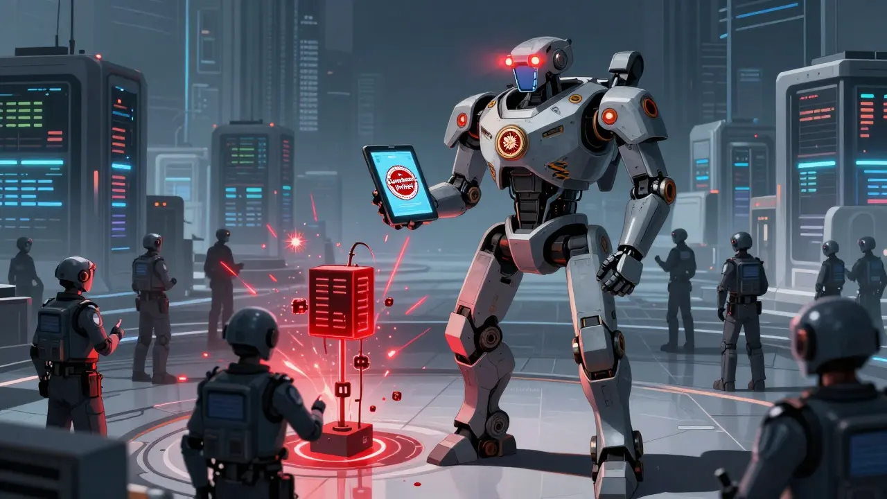 Heavy-duty security robot enforcing compliance and blocking unauthorized data in a digital landscape.