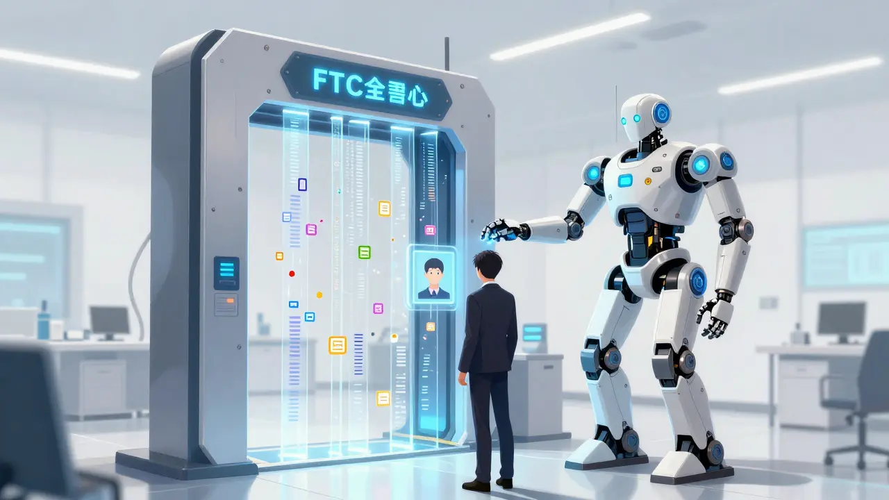 High-tech robot analyzing user data streams for age verification in a clean lab environment.
