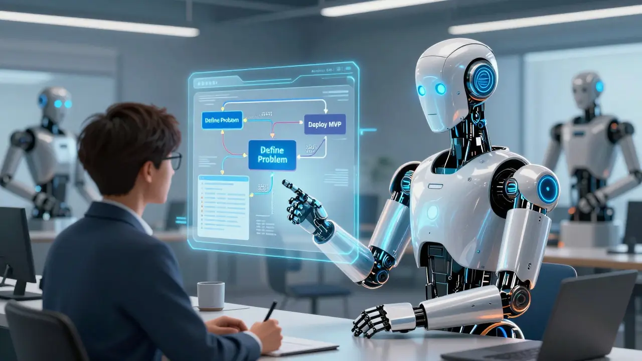 Human and AI robot collaborating on product workflow