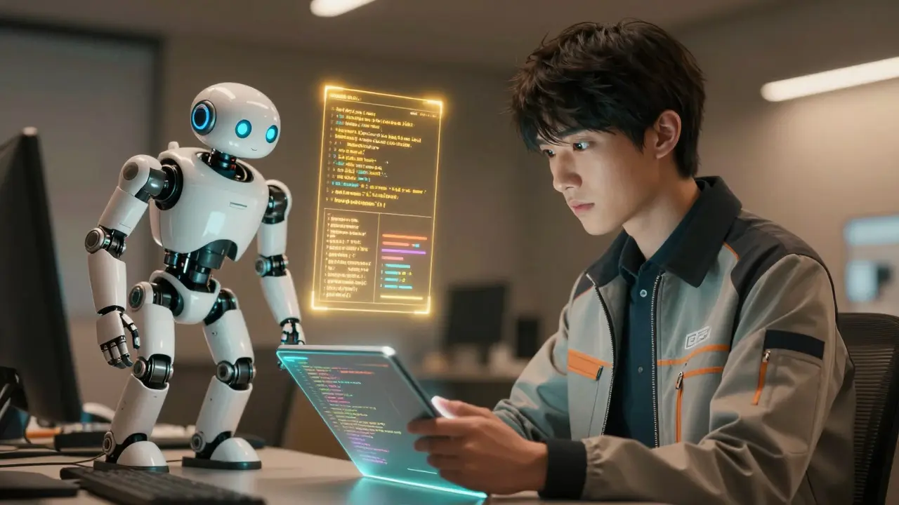 Human engineer and small robot collaborating on data review