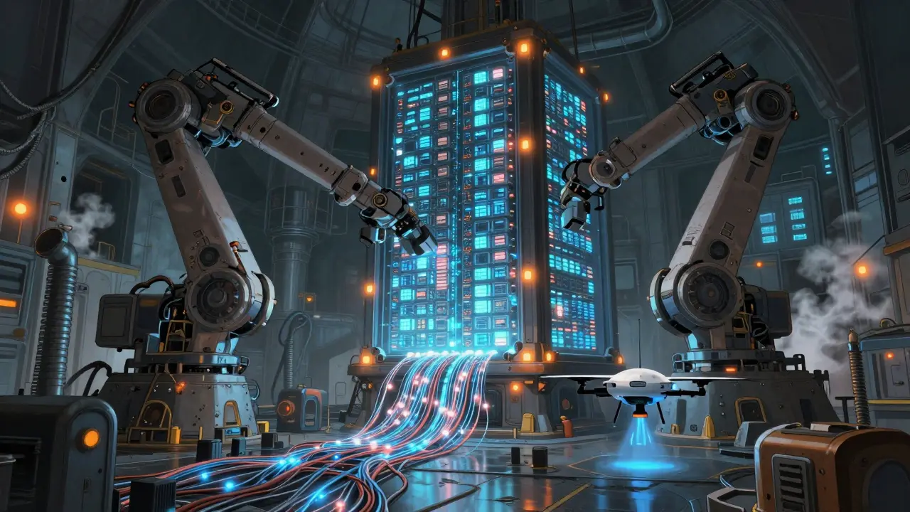 Industrial data hub with mechanical arms sorting glowing information cubes